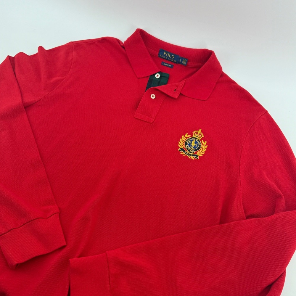 Polo Ralph Lauren Mens Red Long Sleeve Crest Logo Polo Shirt Classic Fit Large